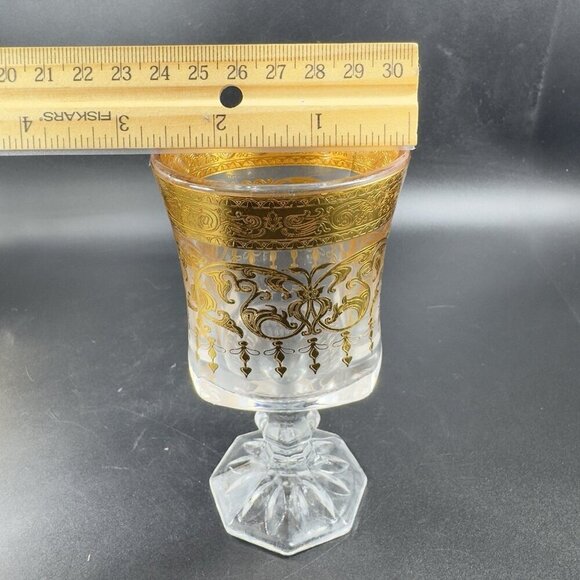 Bohemian Czech Clear Glass Goblet Cups Set2 Glasses Heavy Gold Butterfly Pattern - Picture 5 of 16